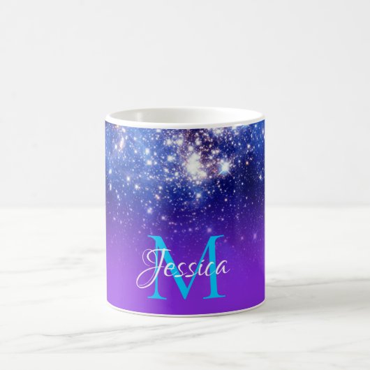 Blue Violet Funkelnd Stars Celestial Ombre Monogra Kaffeetasse (Mittel)