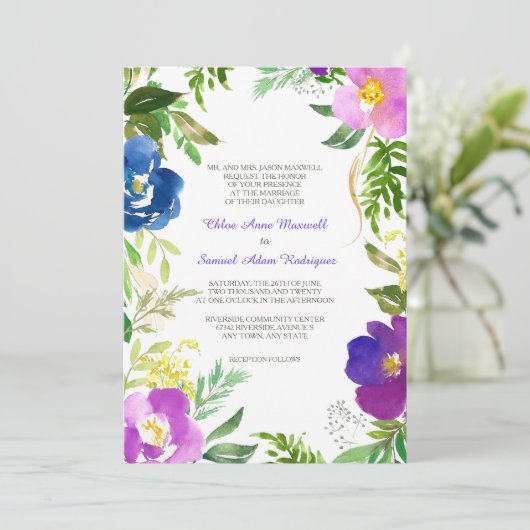 Blue Violet Garden Formal Wedding Einladung (Stehend Vorderseite)