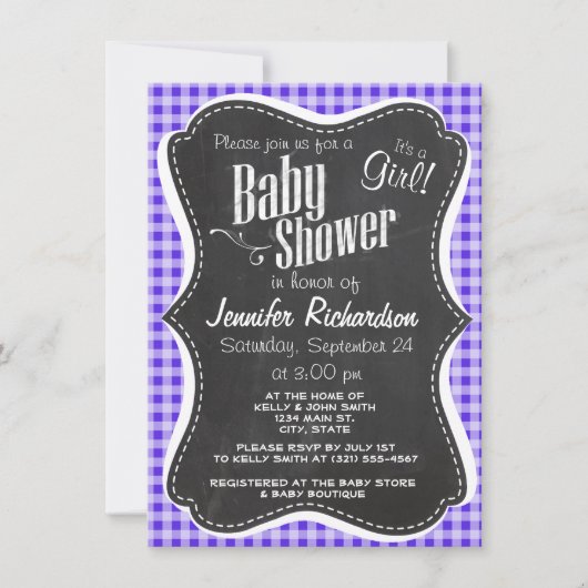 Blue Violet Gingham; Chalkboard-Look Einladung (Vorderseite)