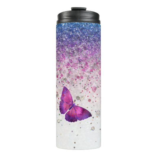 *~* Blue Violet Glitzer Butterfly Girl Thermosbecher (Vorderseite)