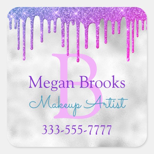 Blue Violet Glitzer Tropfen, Name Monogram Quadratischer Aufkleber (Vorderseite)