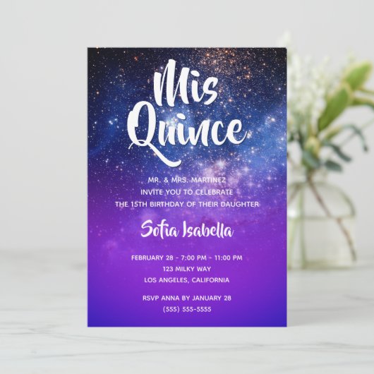 Blue Violet Ombre Cosmic Foto Mis Quince Geburtsta Einladung (Stehend Vorderseite)