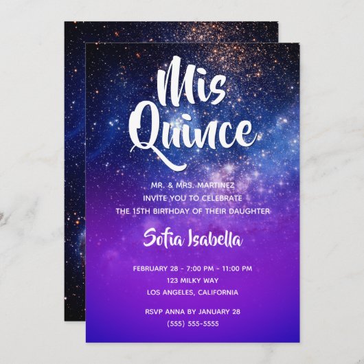 Blue Violet Ombre Cosmic Foto Mis Quince Geburtsta Einladung (Vorne/Hinten)