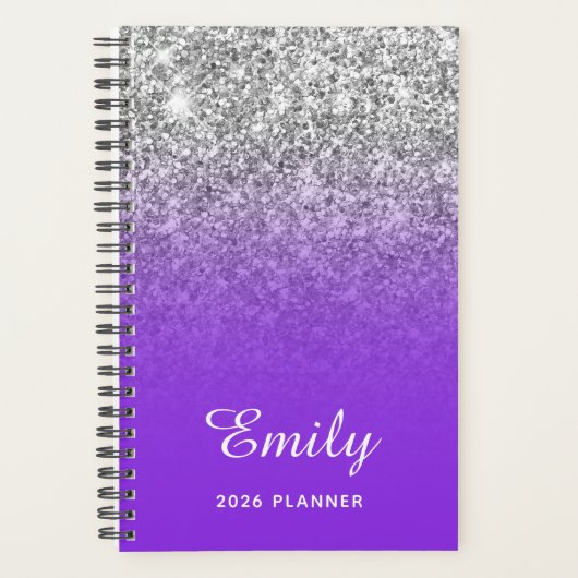 Blue Violet Silver Glitzer Ombre Personalisiert Planer (Vorderseite)