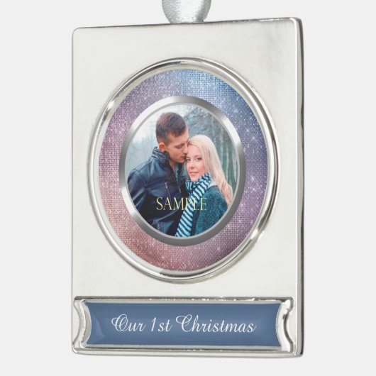 Blue Violet Starry Lights Erster Weihnachtsanfang Banner-Ornament Silber (Links)