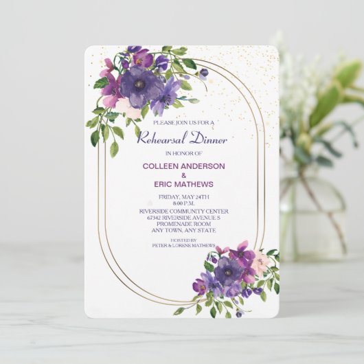 Blue Violet Wild Rose Hochzeit Probe Dinner Einladung (Stehend Vorderseite)