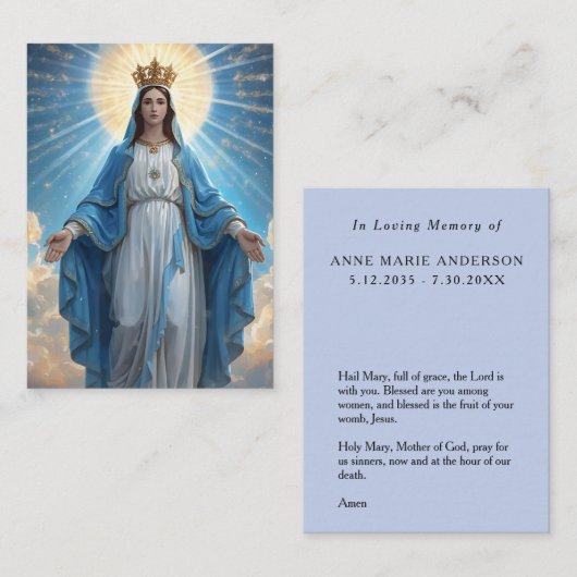 Blue VIrgin Mary Memorial Card Telefonnummerkarte (Vorne/Hinten)