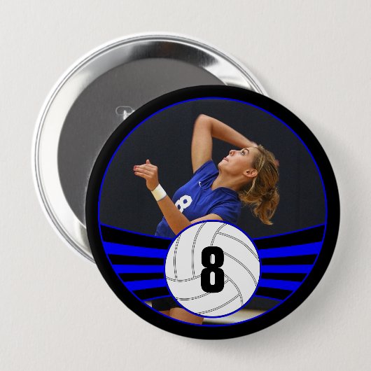 Blue Volleyball Player Custom Foto & Number Sport Button (Vorne & Hinten)