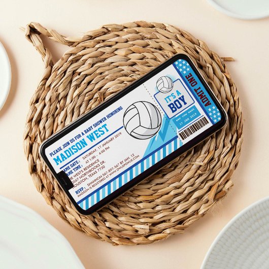 Blue Volleyball Ticket Pass Kinderdusche Einladung