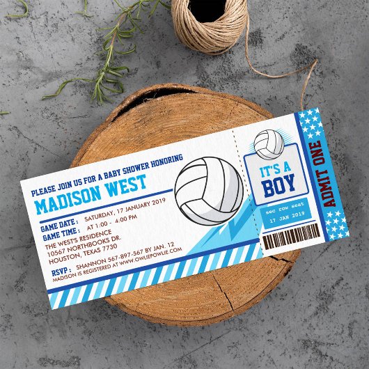 Blue Volleyball Ticket Pass Kinderdusche Einladung