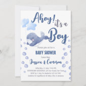 Blue Wale ahoy ist eine nautische Babydusche Einladung (Vorderseite)