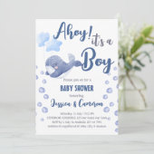 Blue Wale ahoy ist eine nautische Babydusche Einladung (Stehend Vorderseite)