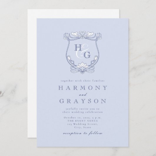 Blue Wappen Monogram Wedding Einladung (Vorne/Hinten)