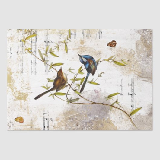 Blue Warbler Bird Butterfly Music Gold Decoute Seidenpapier (Vorderseite)