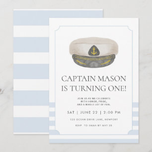 Blue Wassercolor Captain's Hat First Birthday Einladung