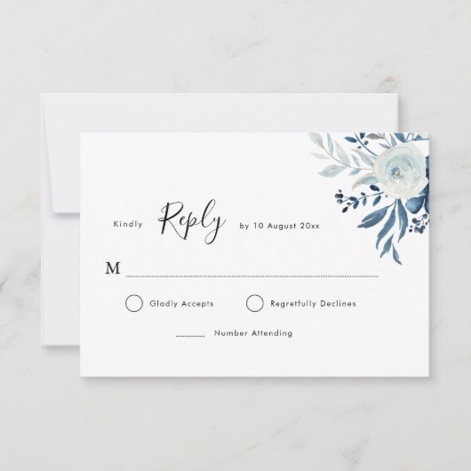 Blue Water color floral RSVP Karte (Vorderseite)