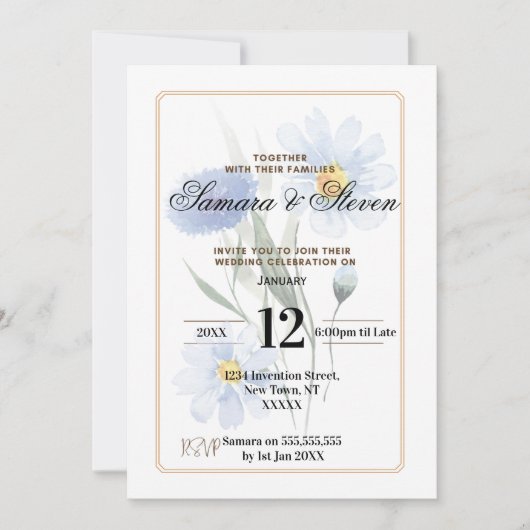 Blue Water Color Flower Wedding Celebration Invite Einladung (Vorderseite)
