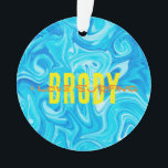 Blue Water I LIEBE SURFNAME Ocean Beach Fun Orn Ornament<br><div class="desc">Paint Swirl Design in Blues mit individuelle Name in gelb, Custom I LIEBE SURFING in Orange. Auf der Rückseite individuelle FAVORITE BEACH NAME in orange. Leicht zu personalisieren Text, Textfarben, Schriftart. Ein tolles Souvenir für jeden Surfer in jedem Alter! Modern, farbenfroh, Spaß. Mix und Match komplette Surfing / Abstrakte Kunstsammlungen...</div>