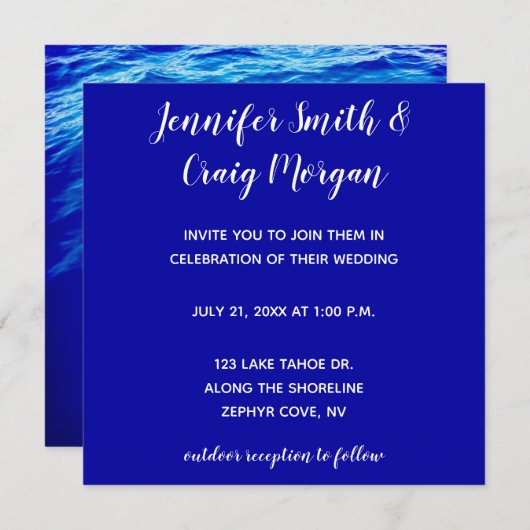 Blue Water Modern Calligraphy Wedding Einladung (Vorne/Hinten)