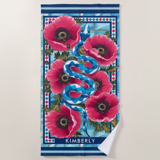 Blue Water Schlange & Pink Blume Pool Custom Strandtuch (Vorderseite)