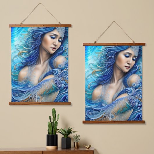 Blue Water Wave Goddess Fantasy Art Wandteppich Mit Holzrahmen (Asymmetrisch)