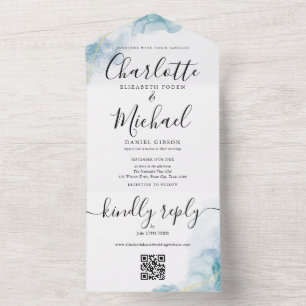 Blue Watercolor Abstraktes Script QR Code Hochzeit All In One Einladung