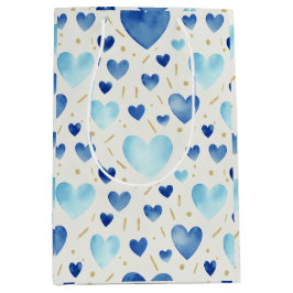 Blue Watercolor and Gold Glitter Hearts Pattern Mittlere Geschenktüte