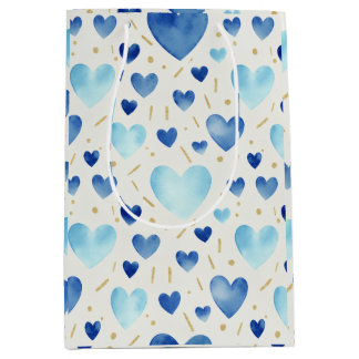 Blue Watercolor and Gold Glitter Hearts Pattern Mittlere Geschenktüte