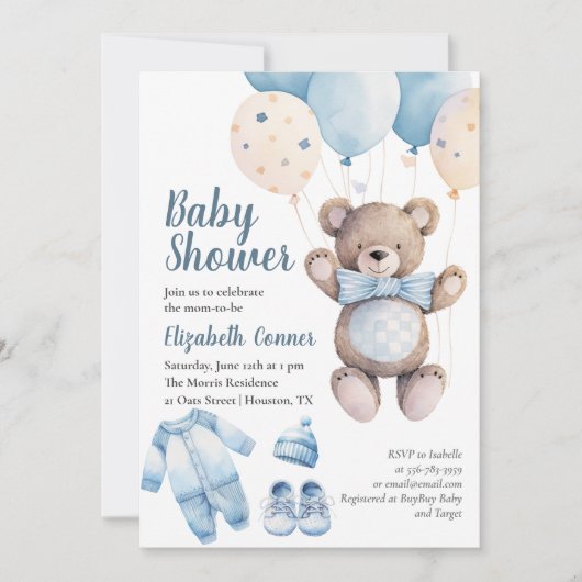 Blue Watercolor Baby Bear Boy Dusche Einladung (Vorderseite)