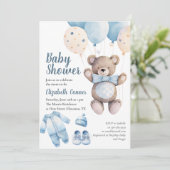 Blue Watercolor Baby Bear Boy Dusche Einladung (Stehend Vorderseite)