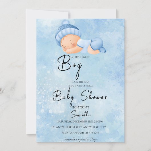 Blue Watercolor Baby Dusche Einladung (Vorderseite)
