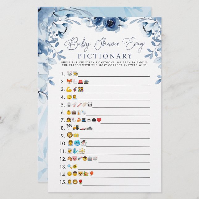 Blue Watercolor Baby Dusche Emoji Spiel (Vorne/Hinten)