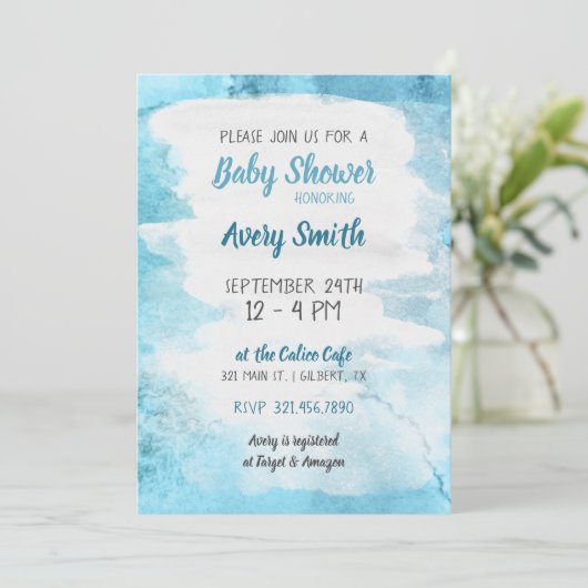 Blue Watercolor Baby Dusche laden ein Einladung (Stehend Vorderseite)