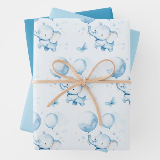 Blue Watercolor Baby Elephant Wrapping Paper Geschenkpapier Set (Beispiel)