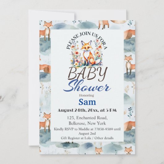 Blue Watercolor Baby Fox Baby Dusche Einladung (Vorderseite)