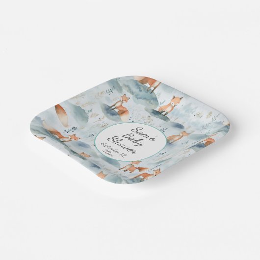 Blue Watercolor Baby Fox Baby Dusche Pappteller (Gewinkelt)