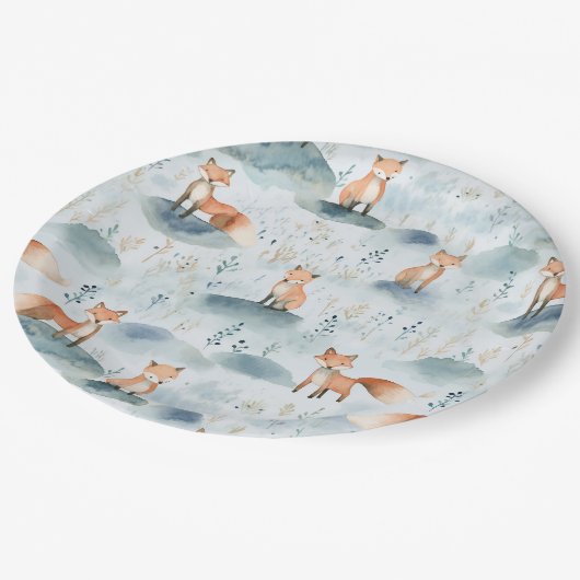 Blue Watercolor Baby Fox Pappteller (Schrägansicht)