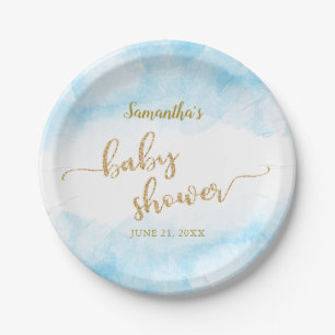 Blue Watercolor Baby Shooter Boy Gold Glitzer Pappteller