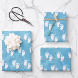 Blue Watercolor Baby Shooting Footprint Muster Geschenkpapier Set