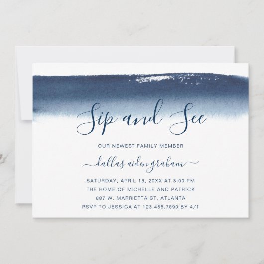 Blue Watercolor Baby Sip & See Einladung (Vorderseite)