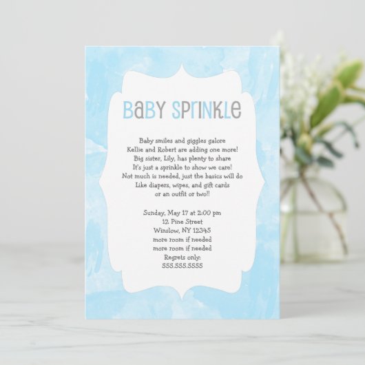 Blue Watercolor Baby Sprinkle / Baby Dusche Einladung (Stehend Vorderseite)