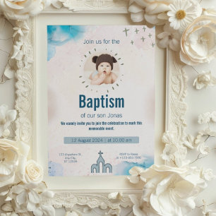 Blue Watercolor Baby Taufe Christening Einladung