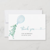 Blue Watercolor Balloon Boy Baby Dusche Dankeskarte (Vorderseite)