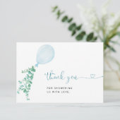 Blue Watercolor Balloon Boy Baby Dusche Dankeskarte (Stehend Vorderseite)