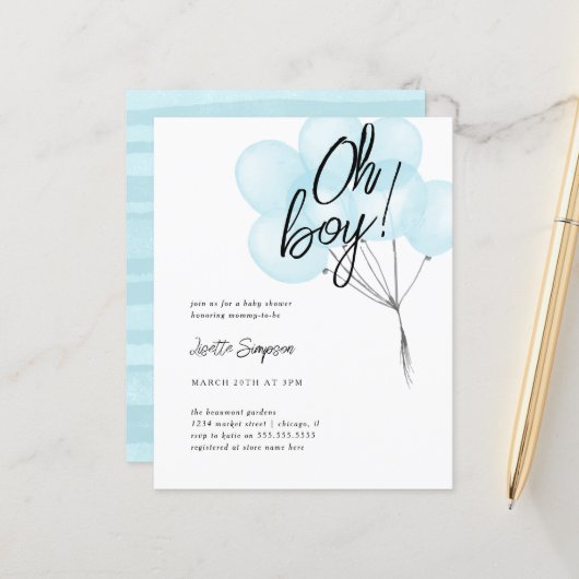 Blue Watercolor Balloons Oh Boy Baby Dusche (Vorderseite/Rückseite Beispiel)