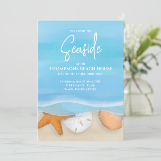 Blue Watercolor Beach Coastal Nautical Whimsical Einladung (Stehend Vorderseite)