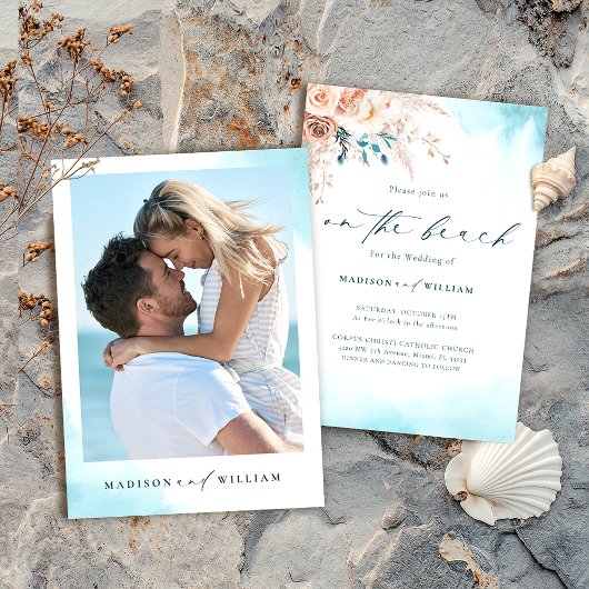 Blue Watercolor Beach Einladung zur Hochzeit