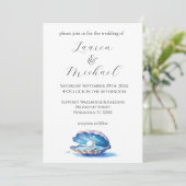 Blue Watercolor Beach Oyster Wedding Einladung (Stehend Vorderseite)