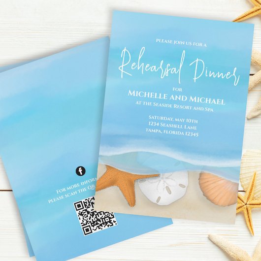Blue Watercolor Beach Probe Dinner QR Code Einladung