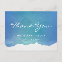 Blue Watercolor Beach Wedding Danke Postcard